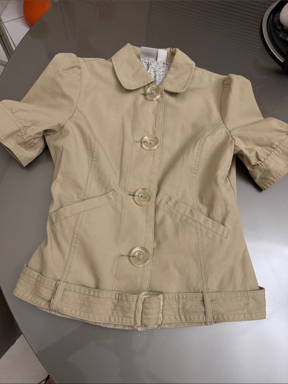 Beige Short-Sleeve Trench Jacket with Belt